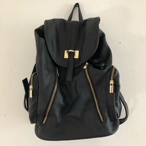 Black Faux Leather Backpack, Black with Gold Hardware